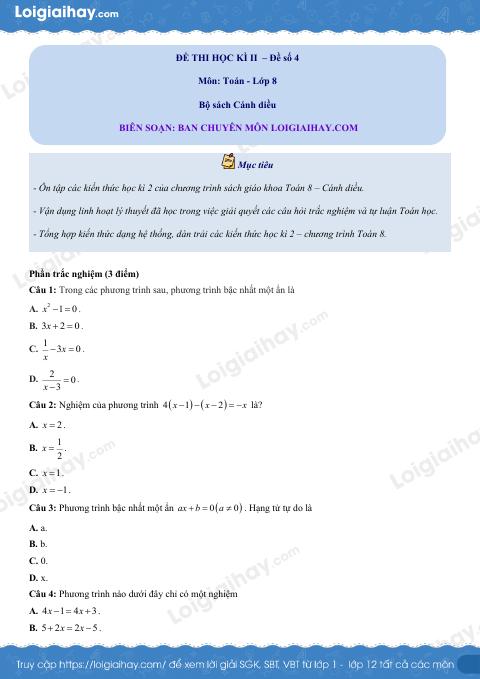 Đề thi học kì 2 Toán 8 - Đề số 4 - Cánh diều